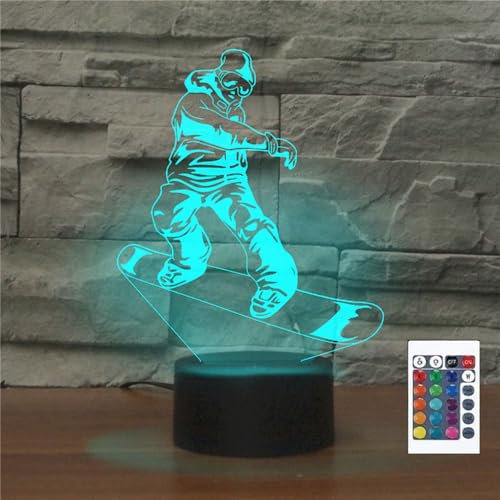 FLRXHK Skateboard Jungen 3D-Illusions-Nachtlicht, Touch-Tischlampe mit Fernbedienung, 16 Farben, optisches USB-LED-Nachtlicht für Kinder, Geschenk, Raumdekoration