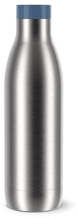 Emsa Bludrop Eco Isolier-Trinkflasche, wiederverwendbar, recycelter Edelstahl, Öko-Design, Quick-Press, 12h heiß/24h kalt, 0,7 L, spülmaschinenfest, auslaufsicher, Blau, N3112700