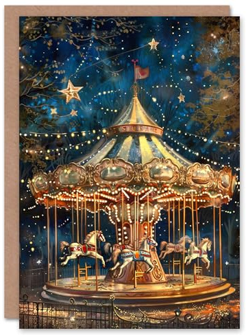 Artery8 Carousel Under The Stars Magical Dreamy Painting For Child Kids Birthday Card
