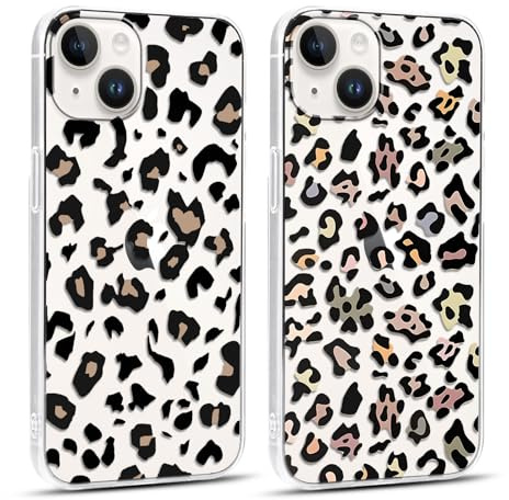 Coiwxmoi 2 Stück Leopard Handyhülle für Apple iPhone 15 Hülle, Transparent Aesthetic Muster Handyhülle für Mädchen Frauen Durchsichtig Weich Silikon TPU Stoßfest Bumper Schutzhülle für iPhone 15 6,1