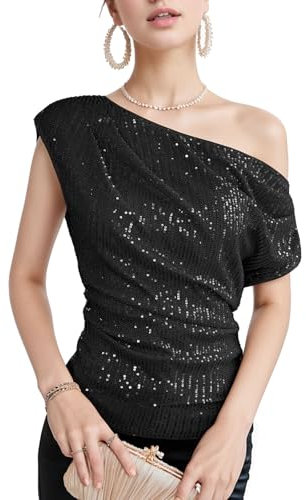 ASFWAGQ Top da donna con brillantini, per feste e carnevale, nero, S