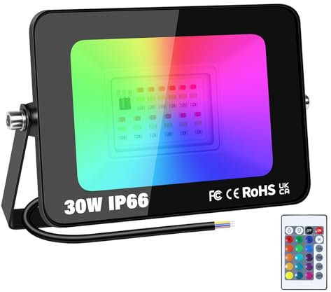 YOJZMA Proiettore LED da esterno 30W RGB con telecomando, 16 colori 4 modalità Funzione di memoria Proiettore da interno esterno, Faretto LED al neon impermeabile IP66 per giardino, terrazza, festa