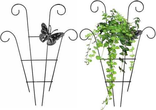 2 Pcs Plant Trellis for Climbing Plants Outdoor, Black Coated Fan Pot Trellis Garden Metal Support Stake for Indoor Outdoor Vines Flower Vegetable (B)