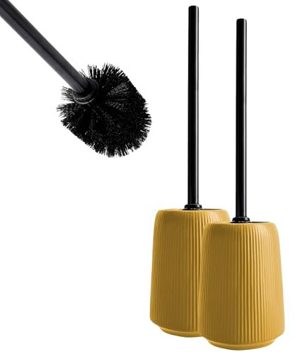 KADAX solide WC-Bürste mit Halter, freistehende Bürste aus Keramik, Toilettenbürste mit stabilem Metallgriff, Klobürste mit steifen Borsten (Gelb, 2 Stück)