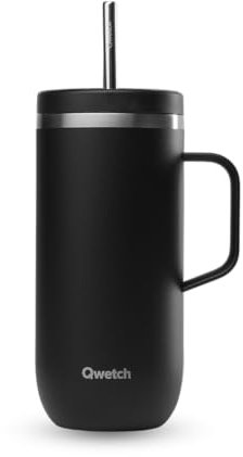 QWETCH - Cold Cup 600ml avec Poignée et Paille - 24h Glacé & 12h Froid - Noir - Gourde Isotherme en Inox, Sans BPA, Tasse Thermos Café