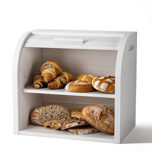 G.a HOMEFAVOR Bamboo Bread Bin 2-Layer Bread Box, Roll-Top Bread Storage for Kitchen with Removable Layer, Self Assembly, White