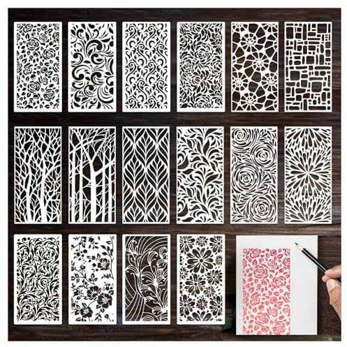 LynixTrade 16 Pcs Texture Stencils for Crafts Reusable, Geometric Stencils for Painting, Wood Grain Flower Template Spider Web Layered Spray Paint Template Kit on Wall Canvas Card DIY Art 8.7 x 4.1 in
