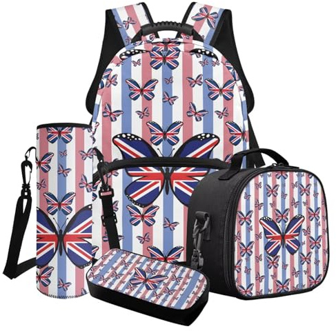 Poceacles 4 Pcs School Backpack Set for Kids Teenagers, Girls Boys Bookbag Lunchbag Pencil Case Water Bottle Carrier Bag, Rucksack for School Travel, Union Jack Butterfly Stripes