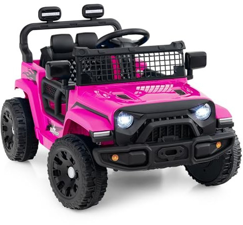 COSTWAY 12V Kids Ride on Car, 2 Motors Electric Off Road Truck with Remote Control, LED Lights, Music & Horn, Battery Powered Ride on Toy for 3+ Years Old Boys Girls (Pink)