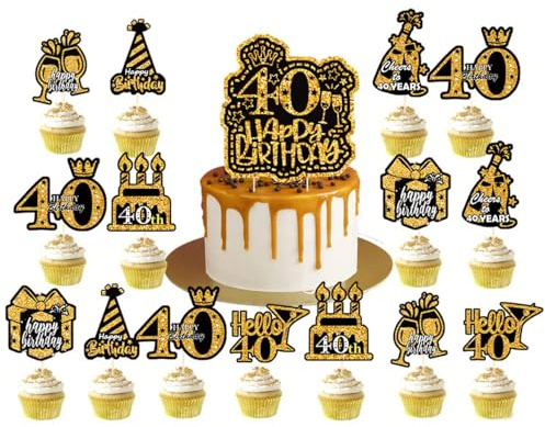 VGRDTW 16 Pack 40th Birthday Decoration Cake Toppers Cheers to Birthday Decorations for Happy 40th Birthday Wedding Anniversary Party Supplies