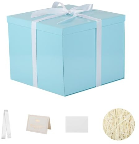 Große Geschenkbox, blau, 32 x 32 x 25 cm, leere Geschenkbox, Geburtstag, Hochzeit, 1 Stück (enthält Band, Seidenpapier, Umschläge und Karten)