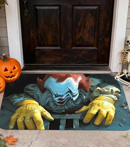 Halloween Fußmatte,3D Stereo Vision Clown Teppich Sewer Clown Horror Fußmatte 3D lustige Weicher Teppich Clownfallenmuster Bodenmatte Scary Halloween Dekoration für Wohnzimmer Schlafzimmer(60x40cm)