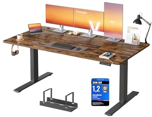 VASAGLE Höhenverstellbarer Schreibtisch, 160 x 80 cm, USB-C-Anschluss | Schreibtisch, Ablage für Steckdosenleiste, 3 Speichertasten, Erinnerung bei langem Sitzen, vintagebraun LSD146KD02