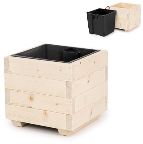 alfalux Blumentopf Holz - Pflanzkübel Übertopf Blumenkasten - mit Kunststoffeinsatz Herausnehmbar - 33 x 33 x 32 cm - Naturholz 33KAN3332