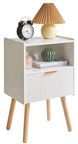 Aibiju Moderner Nachttisch mit Beinen aus Massivholz, 2-stöckiger Nachttische mit Schublade, Nachtschrank im Mid-Century-Stil mit offenem Ablagefach, Kleiner Beistelltisch, Weiß YD-TM061W1