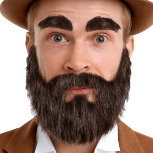 Schnurrbart und Augenbrauen Set Brown - Selbstklebender Fake Bart & Gefälschte Bärte Realistisch für Cosplay, Halloween Party, Weihnachten - Kostüm Zubehör für Erwachsene