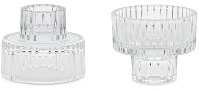 Kerzenhalter 4er Set 6,5x5,5cm Glas - 2-in-1 Design - Teelichthalter Windlicht Tischdeko - Deko für Tafel Fest Party Abendessen - Kerzenständer mit Rillenstruktur für Stabkerzen und Teelicht