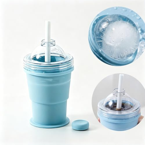 Mtbricey Máquina de bolas de hielo de silicona 2 en 1 y taza para beber, molde de esfera de hielo plegable con tapa y popote, taza de café a prueba de fugas, vaso portátil reutilizable para whisky