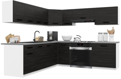 Belini Italia 7 Eckküche Küchenblock 420cm Ebenholz | Küchenset als Eckküche, weiße Korpusse, DECOR ECONATURA Material, kratzfest, ohne Elektrogeräte, mit Arbeitsplatte