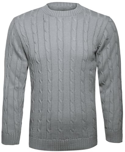 Mens Classic Style Chunky Cable Knit Jumper Plain Casual Design Pull On Thick Warm Winter Pullover Sweater Knitted Crew Neck Long Sleeve Knitwear Top M-2XL(Light Grey,2XL)