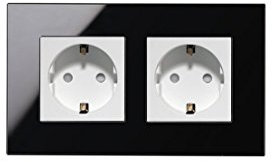 Glas Steckdose Stecker 2 Fach Wandsteckdose mit Glasrahmen von LUXUS-TIME BT511 (Schwarze Glasblende mit weißer Steckdose)