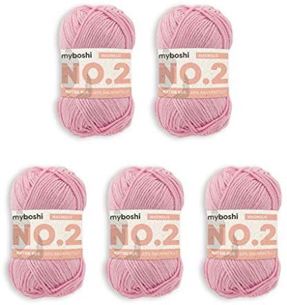 myboshi No.2 Baumwolle zum Häkeln, Baby Wolle, vegane Wolle zum Stricken, Wolle 60 Grad waschbar, für Baby und Amigurumi, 50g, Ll 100m Rosa (Magnolie), 5 Knäuel