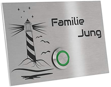 Jung-Edelstahl-Design Türklingel mit Gravur Motiv Leuchtturm. Klingelplatte 12x8 cm. Led Klingeltaster weiss. Klingelschild V2a Edelstahl. (Taster grün)
