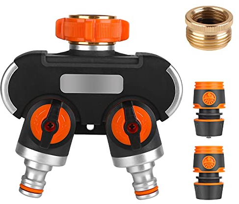 Distributore a 2 vie, Splitter Tubo da Giardino Regolabile e Bloccabile con Valvola Separata per Rubinetto Filo Giardino 3/4'' e 1/2, Irrigazione, Pulizia, Vita Domestica con 2 connettori per tubo