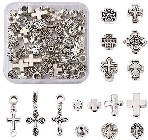Beadthoven 70 Stück 14 Stile tibetisches Silber Kreuz Kreuz Abstandshalter Perlen Metall Religiöse Kreuz Baumeln Charms Anhänger für Schmuck Basteln Loch: 1-5 mm