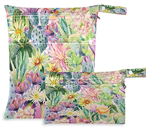 COZYhome Feucht- und Trockentaschen für Wickeltasche, Wasserfarben, Kaktus, tropische Blumen, Stoffwindeln, zum Aufhängen, wasserdicht, waschbar, Organizer mit Tasche für Reisen, Camping, Strand