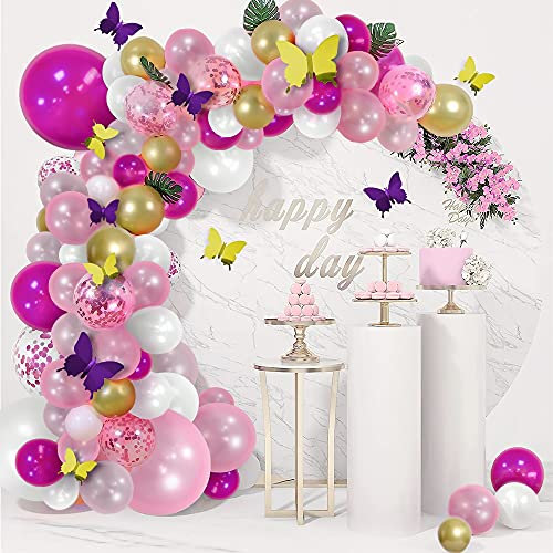 Unisun Ballon Girlande Bogen Kit, 120 Stück Rose Rot Pink, Weiße Gold Metallic Konfetti Ballons mit 24 Stück Schmetterlingen DIY Kits für Mädchen Babyparty, Hochzeit, Geburtstagsparty Dekorationen