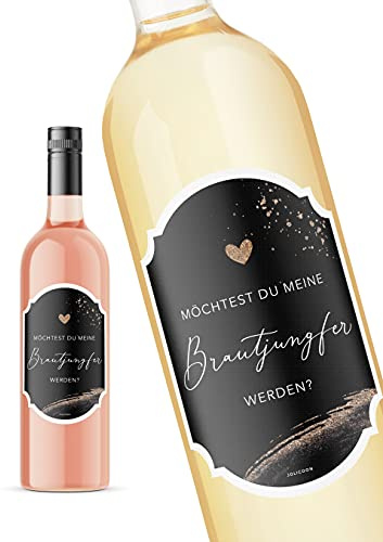 JoliCoon Flaschenetikett Brautjungfer fragen, 8,5x12cm | Strukturiertes Perlmuttpapier, selbstklebend, zuverlässige Haftung, für Wein-, Sekt-, Prosecco- und Geschenkflaschen