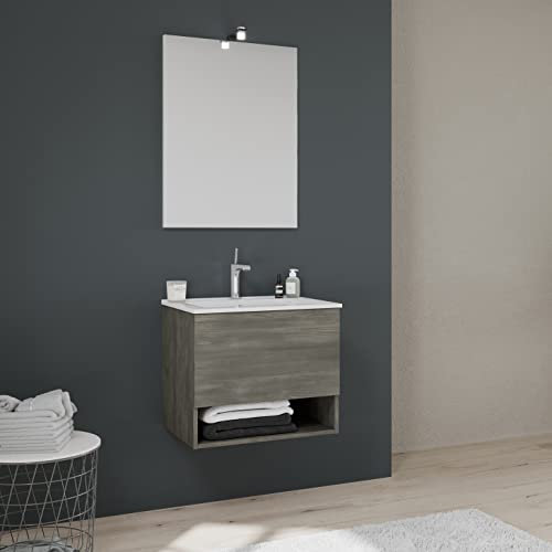 Kiamami Valentina Mobile bagno sospeso 60cm, cassetto + vano a giorno grigio scuro | Venezia