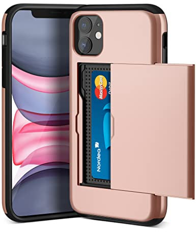 ACOCOBUY for iPhone 11 Case with Card Holder Sliding Cover Hidden Pocket IDs Credit Cards Slot Heavy Duty Shockproof Protective Dual Layer Wallet Phone Cover Back Shell for Men Women 6.1inch Rose Gold