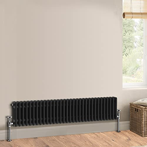 Warmehaus Traditional Cast Iron Style Black Triple Column Horizontal Radiator 300 x 1462mm - Perfect for Bathrooms, Kitchen, Living Room