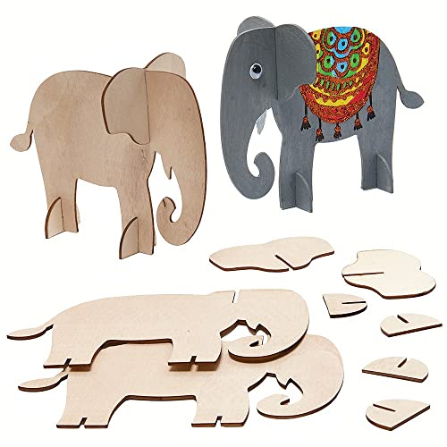 Baker Ross FX234 Elefant 3D Dekorationen aus Holz-6er Pack, Kleine Holz Bausätze, Tiere Basteln für Kinder