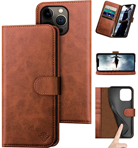DuckSky for iPhone 14 Pro Max 6.7 Genuine Leather Wallet case【RFID Blocking】【4 Credit Card Holder】【Real Leather】 Flip Cover Women Men for Apple 14 ProMax 5G Phone case Light Brown