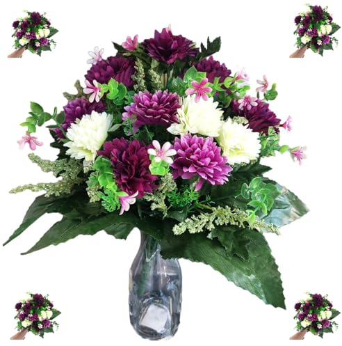 Realistic 41cm Artificial Cemetery Bouquet – UV Resistant Memorial Flowers with Wired Stems for Graves, Funerals & Garden Displays (Multiple Colors) Chrysanthemum Bouquet (Purple, Lilac, Cream)
