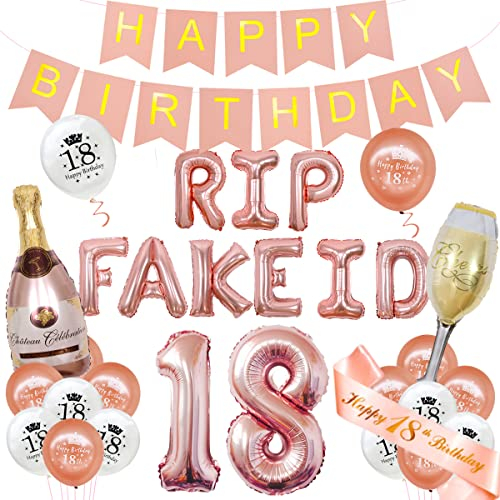 18th Birthday Decorations for Girls Rip Fake ID Birthday Decorations Rose Gold Rip Fake ID Balloon Happy 18th Birthday Decorations Banner Sash 32inches Number 18 Foil Balloon