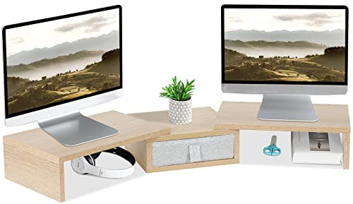 TEAMIX 3 Shelf Monitor Stand Riser with Drawer-Length and Angle Adjustable Dual Monitor Riser with Storage Corner Desk Shelf Organizer Large Computer Stand for 2 Monitors/Laptop (Maple, 1 Drawer)