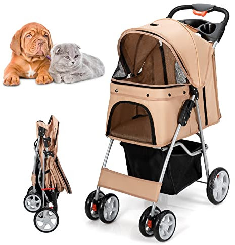 COSTWAY Cochecito Plegable para Mascotas de 4 Ruedas para Gatos/Perros con Cesta de Almacenamiento, Ventana de Malla, Impermeable (Beige)