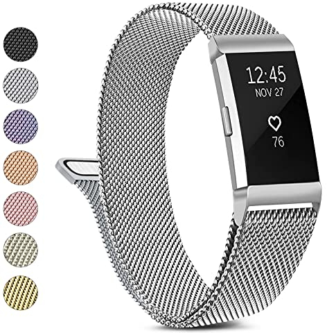Metallarmband kompatibel mit Fitbit Charge 2 Armbänder, Damen und Herren, Edelstahl-Mesh-Schlaufe, verstellbares Armband, Ersatzarmband für Fitbit Charge 2 (groß, silberfarben)
