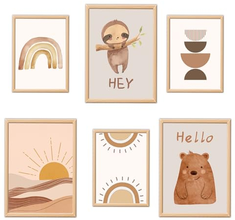 ANHUIB Kinderzimmer Poster, Wanddeko für Babyzimmer, Cartoon Tier Motive, 6er Set, DIN A4 A3, Unrahmt, für Jungen & Mädchen