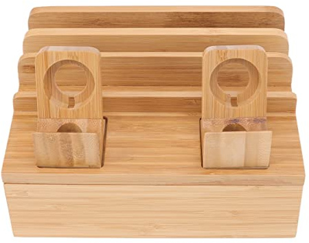 Buachois Bambus Ladestation, 5 Fächer Dockingstation,Holz Ladestation für Mehrere Geräte Desktop Handy Docking Holder USB Ladegerät Multi Charger Organizer Halterung für Telefon Tablet Uhr Ohrhörern