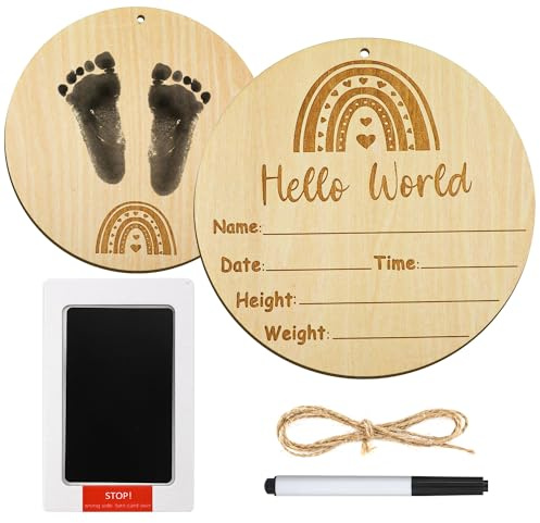 Ankündigungsschild Baby, 15cm Holz Hello World Meilenstein Karten für Baby mit Stempelkissen Hanfseil zum Aufhängen Geburtsanzeigekarten für Babyparty Geburtstag (Doppelseitiger Regenbogen)
