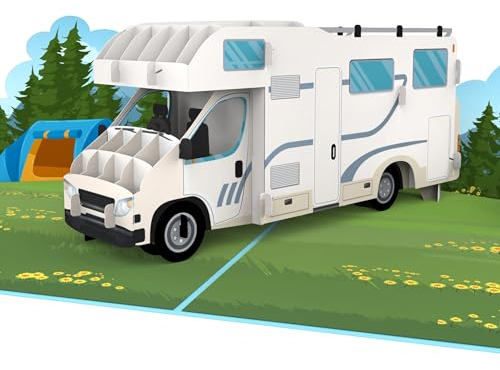 MOKIO® Biglietto Auguri Pop-Up – Campeggio con Camper – Biglietto Regalo 3D per un compleanno o come buono viaggio per vacanze con camper o autocaravan, buono regalo vacanza in campeggio