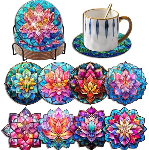 Bellatoi 8 Pcs Diamond Painting Dessous de Verre Fleur, Coaster de Peinture Diamant avec Support, sous-Verres de Peinture 5D Diamant pour Tasses, Verres Vin, Vases et Cuisine à Domicile, Cadeaux