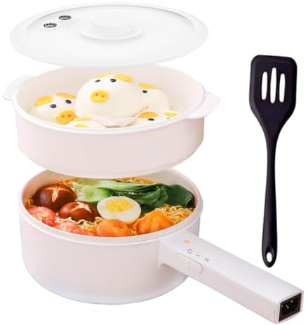 Olla Eléctrica 1.5L con Vaporera, Sartén de Cerámica Antiadherente, Olla de Viaje Portátil para Ramen/Bistec/Fondue/Sopa, Olla Multiusos para Dormitorio/Camping/Casa, Doble Control de Potencia, Blanco