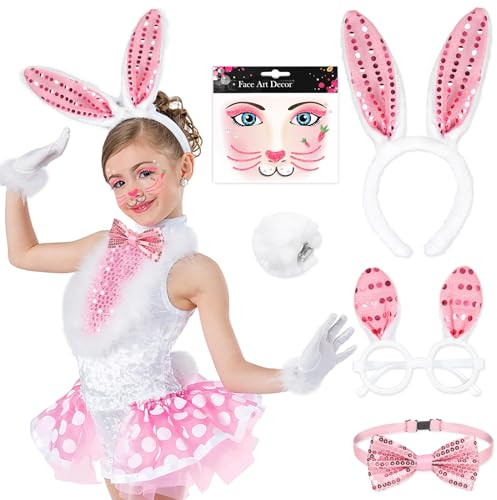 DPKOW 5 STK Kinder Hasenkostüm Accessoires, Faschingskostüme Damen Kinder Osterhasen Kostüm Erwachsene, Plüsch Pailletten Hasenohren Haarreif Brille Karneval Gesichtstattoo Hasenschwanz Krawatte Rosa