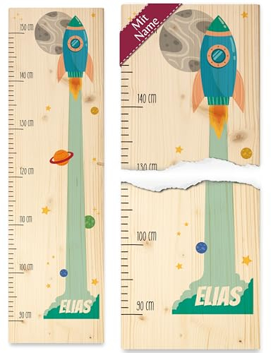 Kinder - Weltall - Rakete bunt mit Name Weltraum Raumfahrt Weltraum Astronaut - Baby Messlatte Kleinkinder - 90-150 cm - Holz - personalisierte geschenke sterne kind